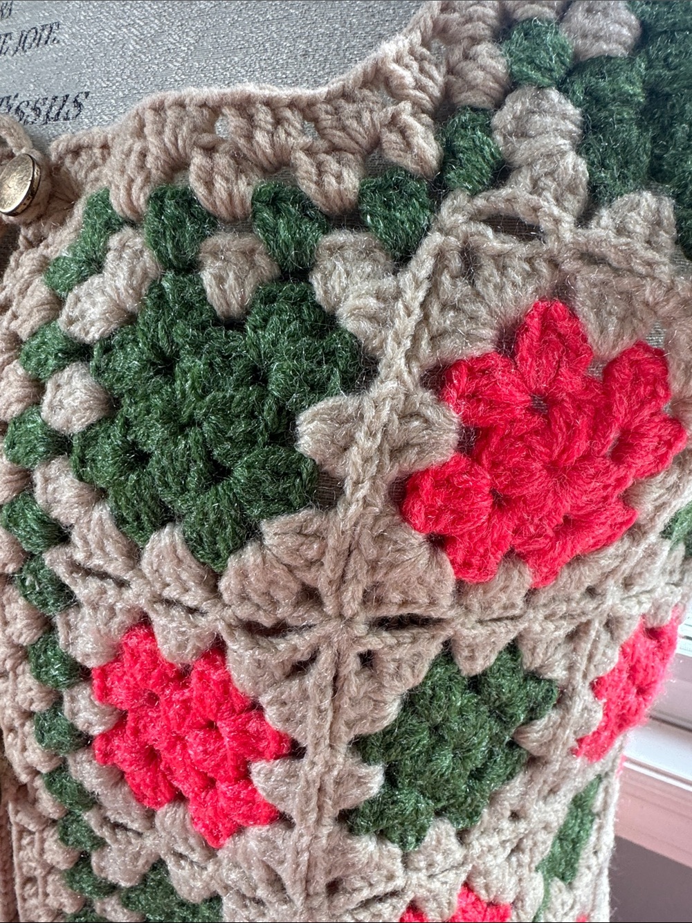 Vintage hand knit boho granny Square, long sweater vest, neon pink and green S/M - Picture 4 of 9